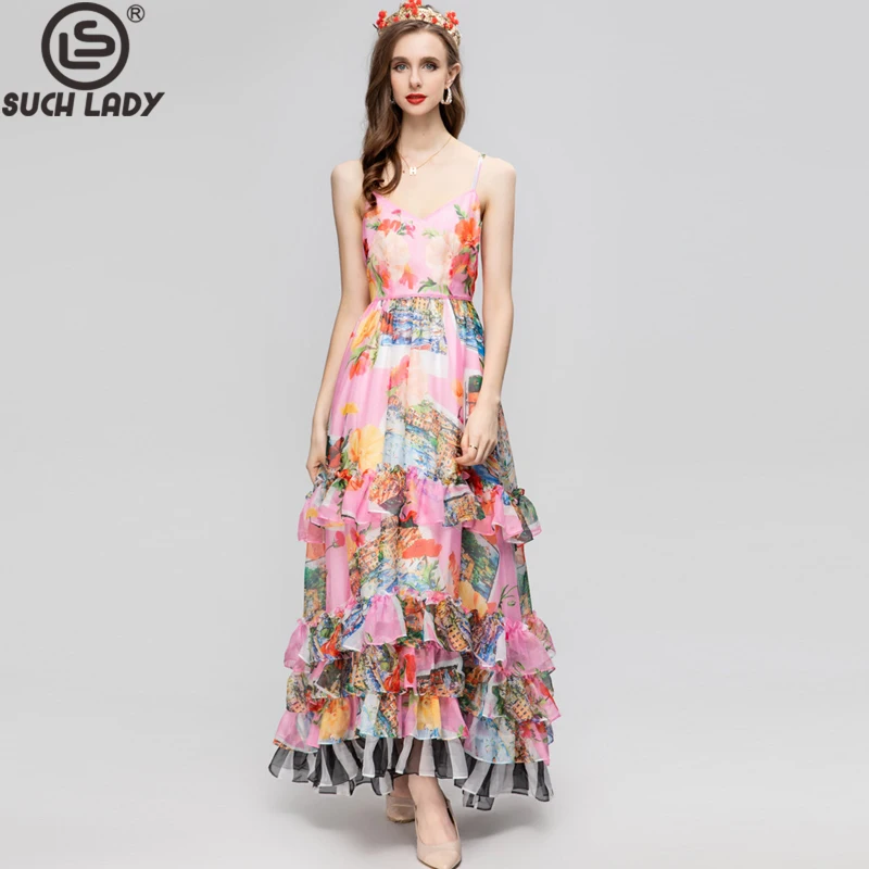 

Women's Floral Printed Long Runway Dress, Sexy V Neck, Spaghetti Straps, Tiered Ruffles, Fashion Designer, Holiday