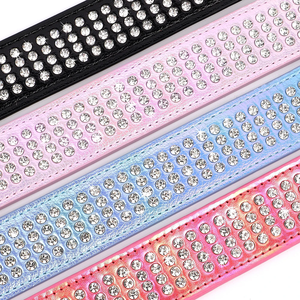 Bling Rhinestone Dog Collar PU Leather Dogs Collars Necklace Glitter Diamond Pet Necklaces Collars For Medium Large Dogs Pug