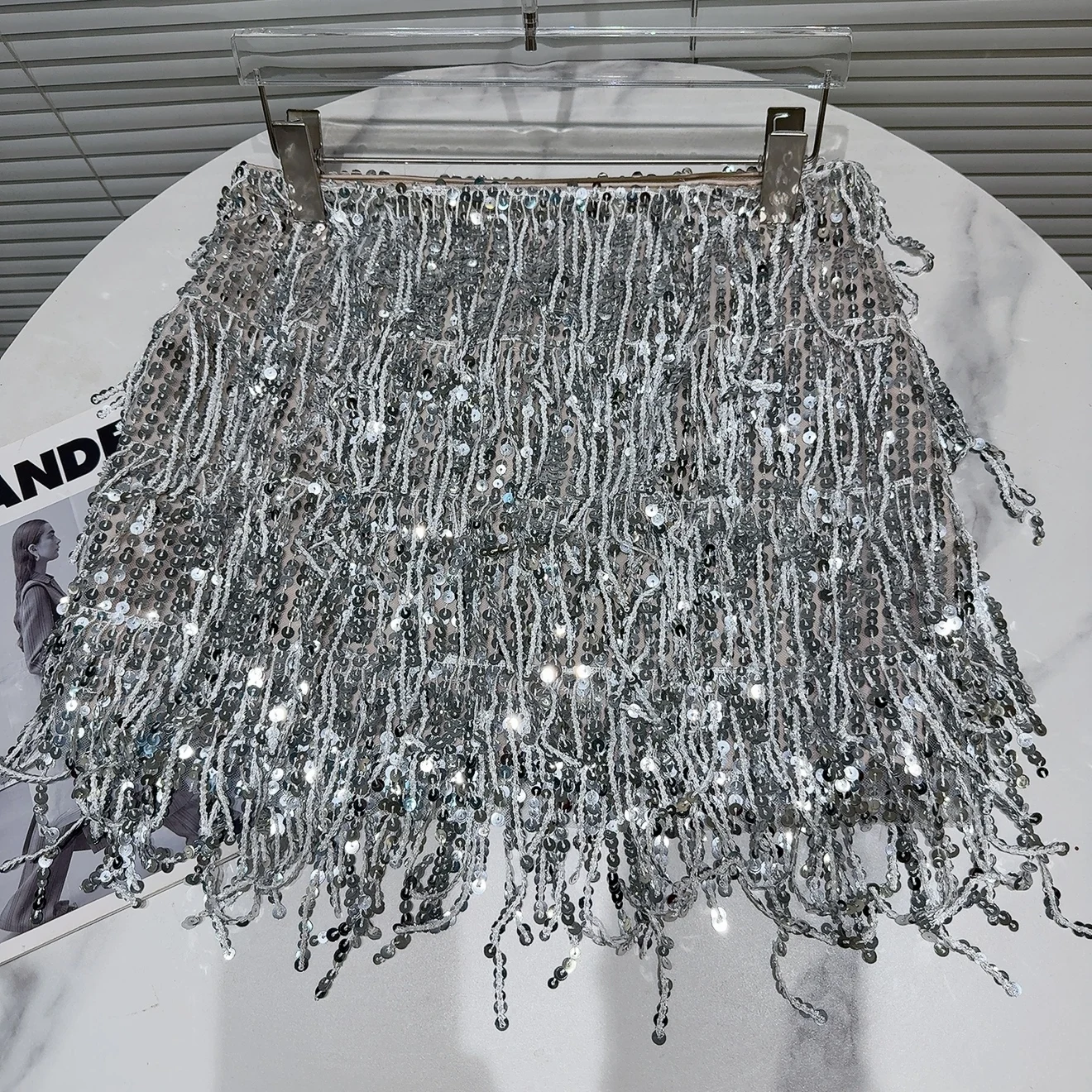 Saia Curta com Design de Franjas Brilhantes,  Saia Fena, Estilo Novo de Primavera, Saia de Lantejoulas Prateadas para...