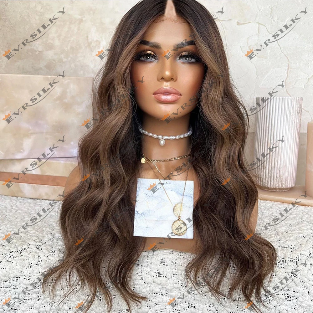 Highlights Chestnut Brown V Part Wigs Body Wave Remy 100% Human Hair Loose Wavy Ash Brown Full U Shape Wig 200Density Easy Wear