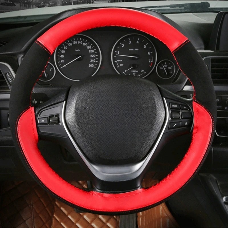 GNUPME Suede Leather Car Steering Wheel Covers Universal Anti-slip braid on the steering-wheel Protector Stitching color