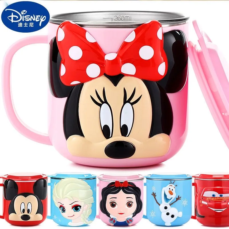 Taza de Anime Frozen Princess Elsa, Mickey Mouse de Disney, taza de leche y jugo para el hogar, dibujos animados de acero inoxidable, regalos anticaída de 260ml
