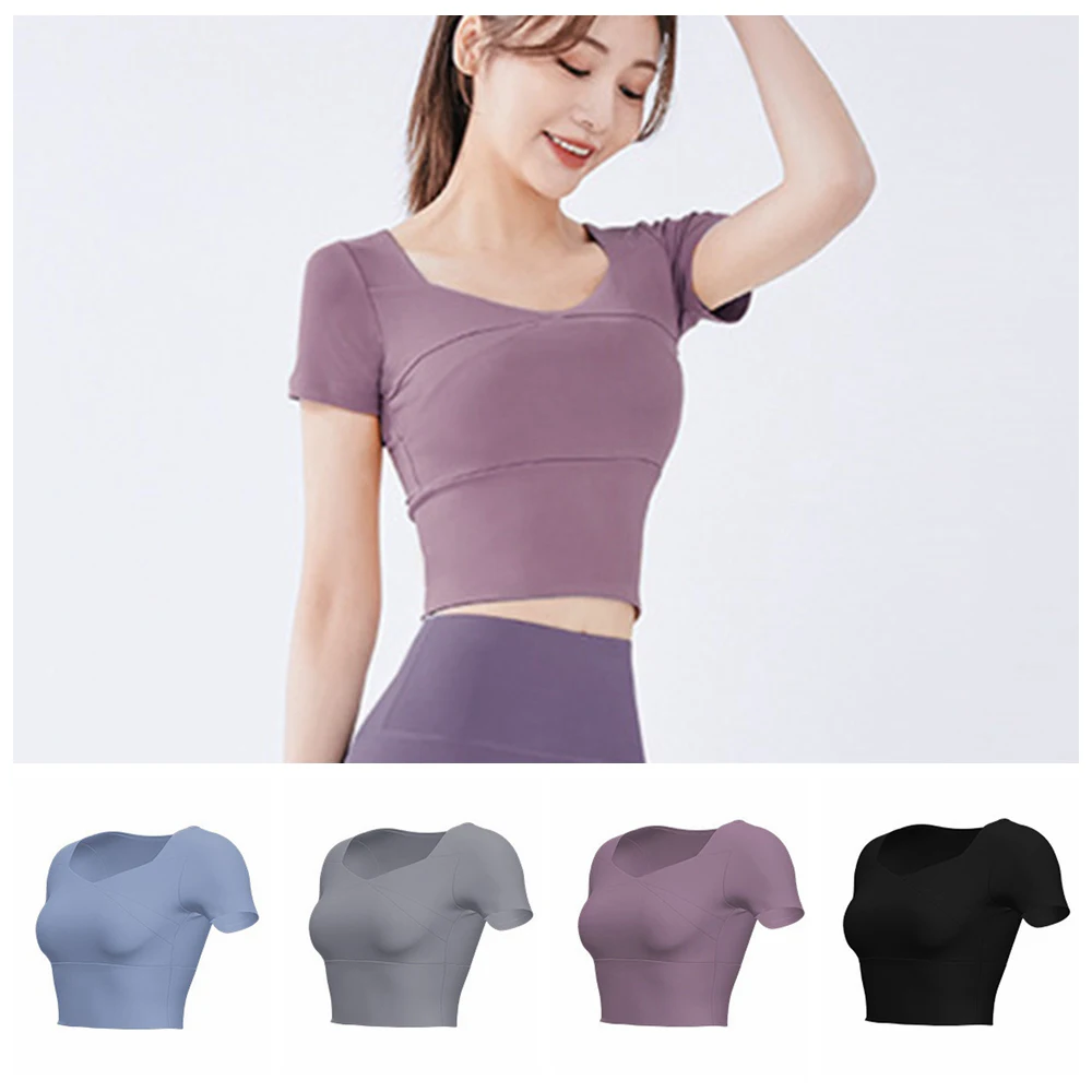 Workout Top Short Sleeved Yoga Tops T Shirt with Chest Pad Yoga Sports Bra Breathable Slim Fit Yoga Clothes Yoga Wear