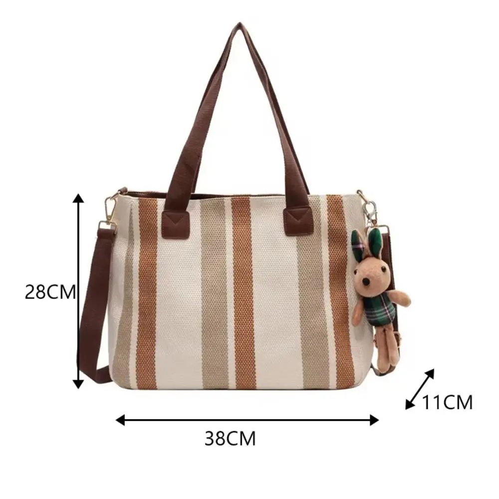 New Cloth Striped Tote Bag Adjustable Large Capacity Shoulder Bag with Rabbit Pendant Detachable Strap Shopper Bag Office view 6