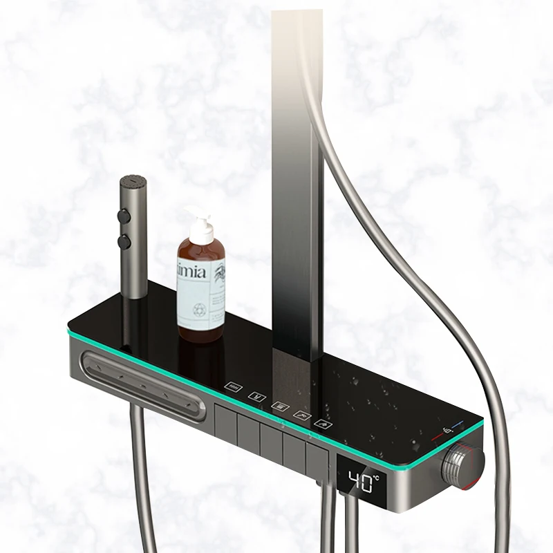 욕실 다기능 디지털 디스플레이 샤워 시스템 황동 피아노 키 노출형 온도 조절 수도꼭지 소프트 & 레인 스프레이 패턴