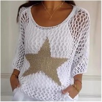 Fashion Women Star Pattern Mesh Hollow Out Fishnet Knit Beach Cover-Up Pullovers Five-Star Round Neck Hollow Crochet Top