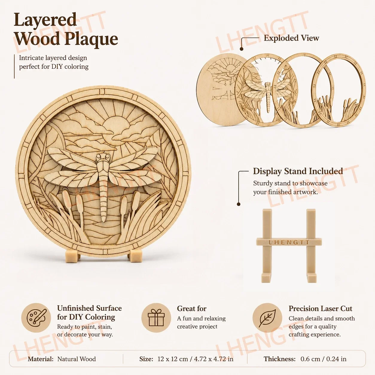 Layered Wooden Dragonfly Art with Stand, Unfinished Paintable Nature Decor for Tabletop Display, Home and DIY Crafts