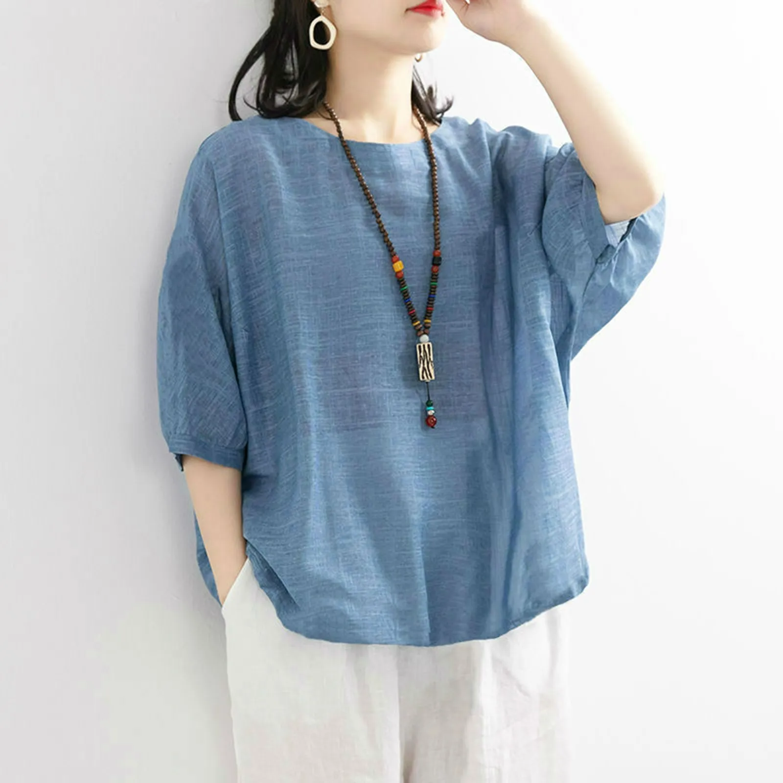 Cotton Linen Shirts Women\'s Tops And Blouses Loose Fit Short Sleeve Summer Casual Crewneck Loose Shirt Vintage Boho Beach Wear