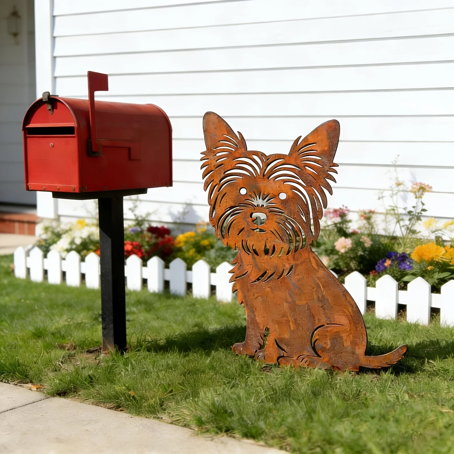 CIFBUY 1pc Vintage Rusted Yorkshire Terrier Metal Garden Stake, Rustic Dog Yard Sculpture, Waterproof Rustproof, for Lawn Patio