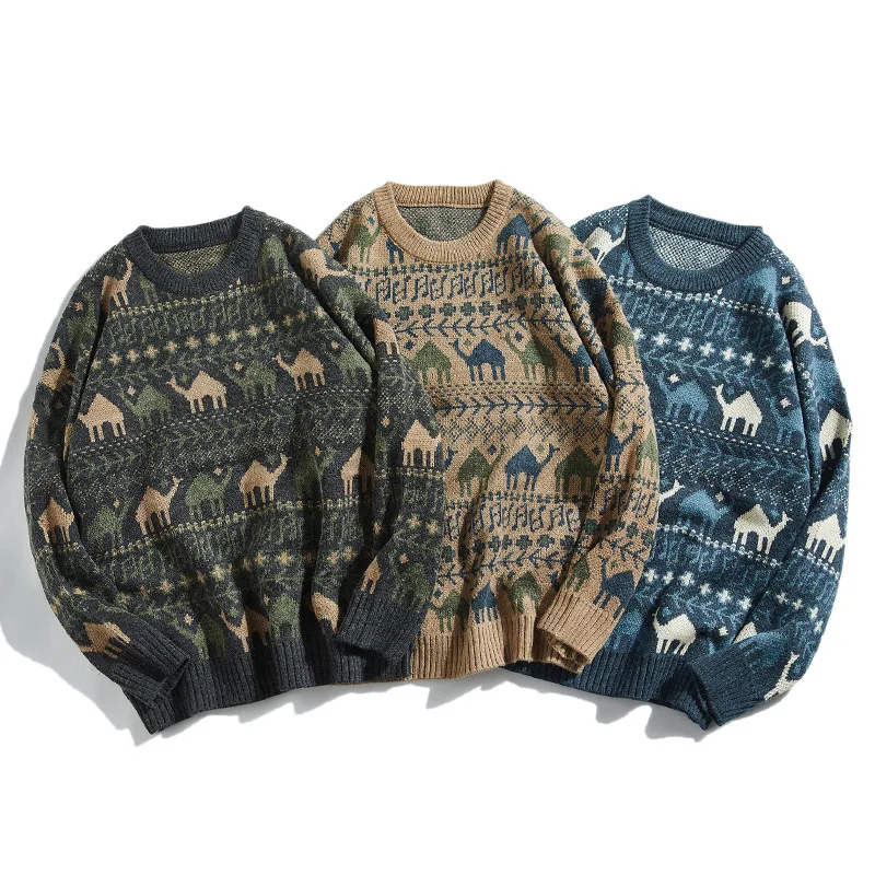 

Casual Knit Sweater Men Japan Round Collar Long Sleeve Pullover Spring Sweatshirt Fashion Yarn-dyed Print Knitwear Male Clothes