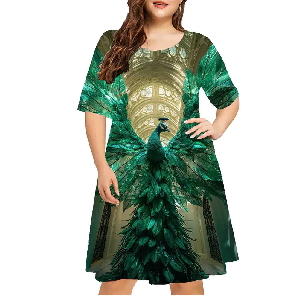 Beautiful 3D Peacock Print Dress Women Plus Size Loose Dress Summer Casual Pullover Ladies Retro Dress Large Sizes Clothing 9XL