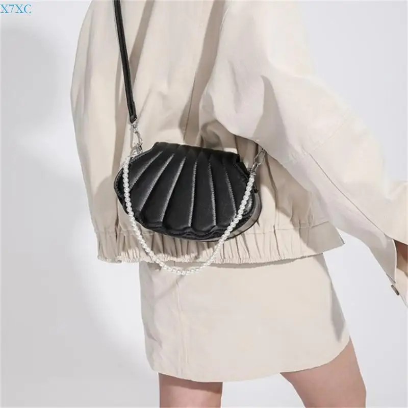 

X7XC Women Shell Shoulder Bag PU Crossbody Bag Pearl Chain Handbag Purse