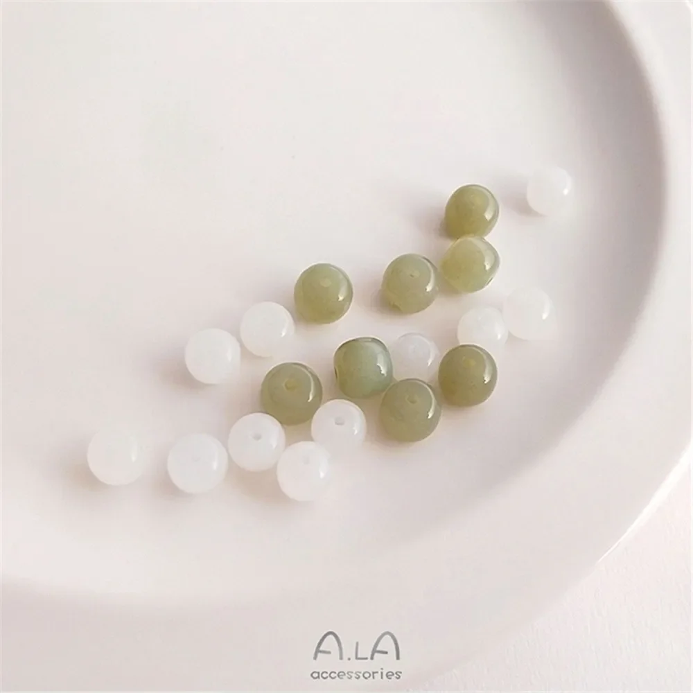 Natural Hetian jade half hole round bead clear aquamarine single bead hand scattered bead DIY ear nail earrings ring bracelet ma