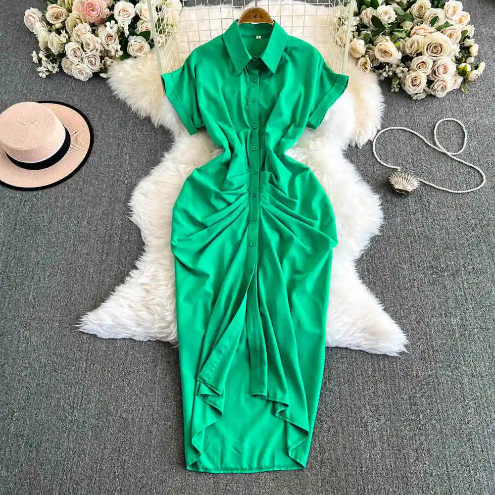 Elegant Dresses For Women Chic Fashion Button-Up Draped Midi Shirt Dresses Vintage Short Sleeve Side Zipper Long Female Dress