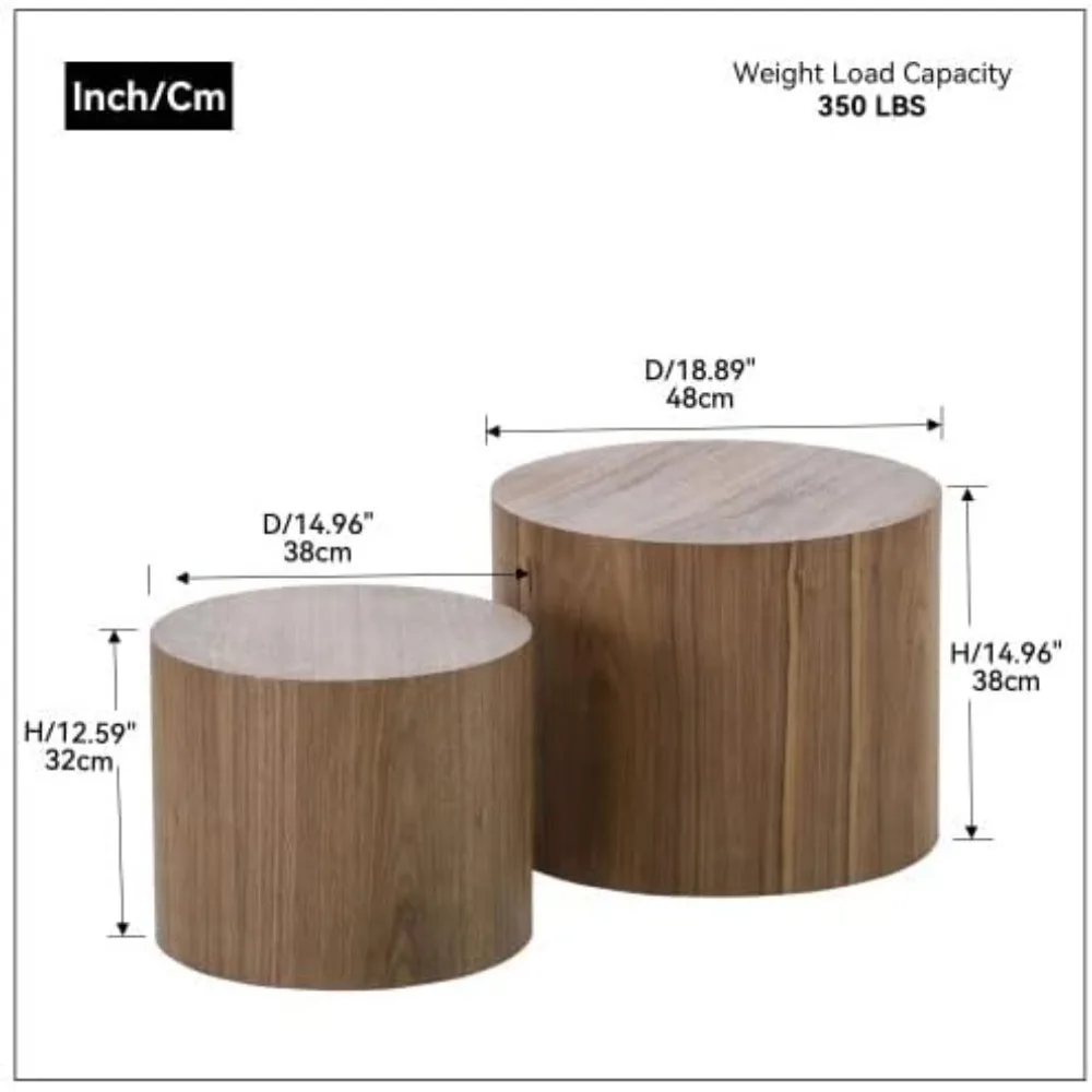 Coppia di tavolini da caffè rotondi impilabili in legno per spazi abitativi compatti