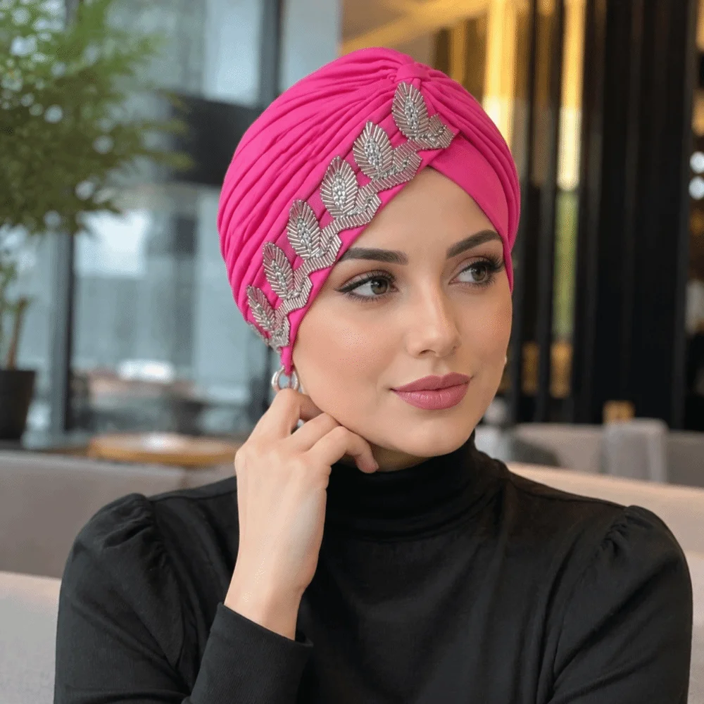 Solid Color Side Leaf Rhinestones Headscarf Versatile Elegant Cross Knot Headwrap Lightweight Breathable Headwrap Hat Women