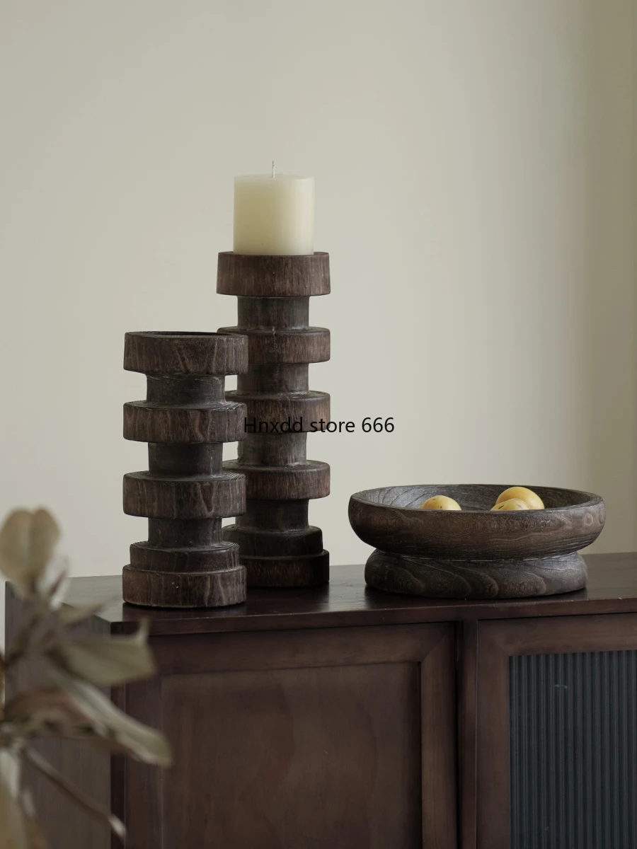 Wabi sandy retro old solid wood spiral candlestick ornament