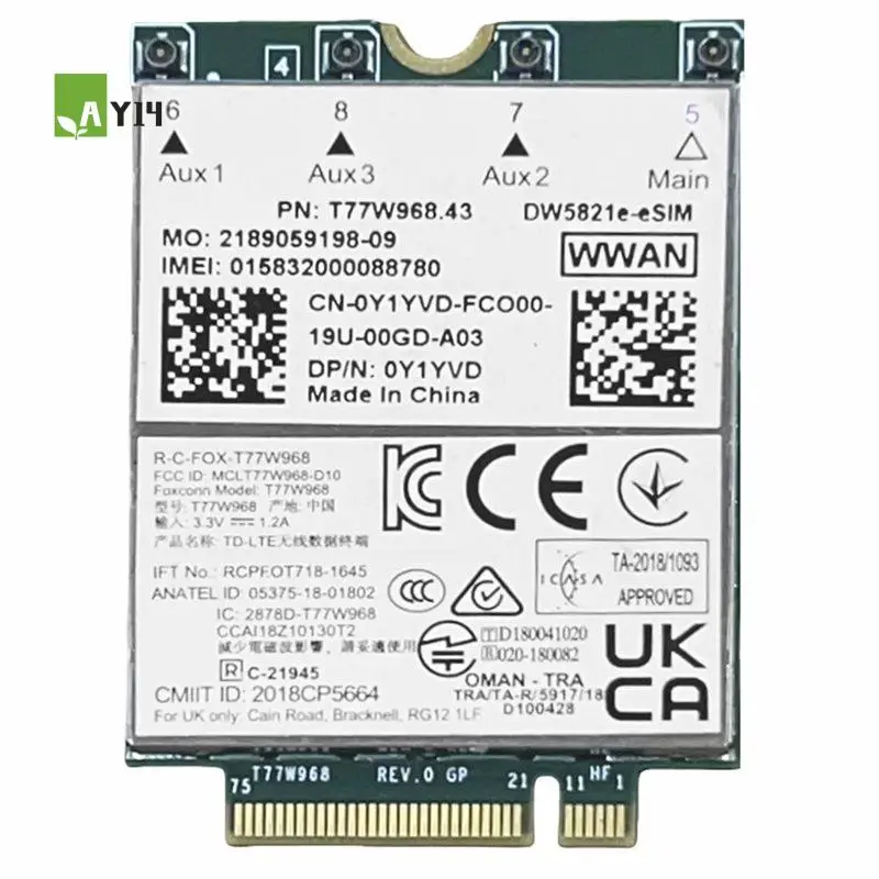 

Модуль E-SIM 4G LTE CAT16 1Gbps FDD-LTE TDD-LTE AY14-T77W968 Dw5821e для Dell 5420 5424 7424 7400