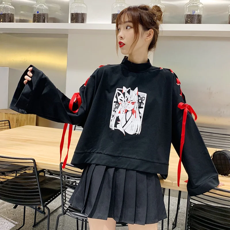 Spring Japanese Cartoon Fox Girl Print Hoodie Harajuku Women Gothic Ribbon Lace Up Flare Sleeve Kawaii Thin Pullover Sweatshirt