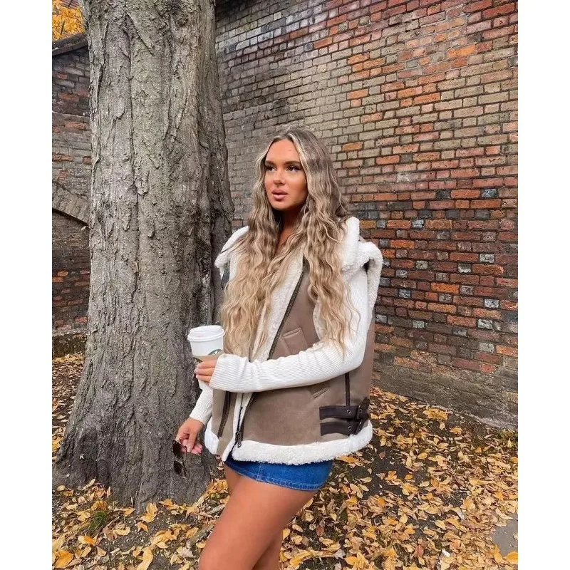 Autumn Winter Women's Clothing Fur One-piece Fleece Patchwork Cotton Coat Vest Waistcoat Outerwear Women's Tops Faux Fur Coat