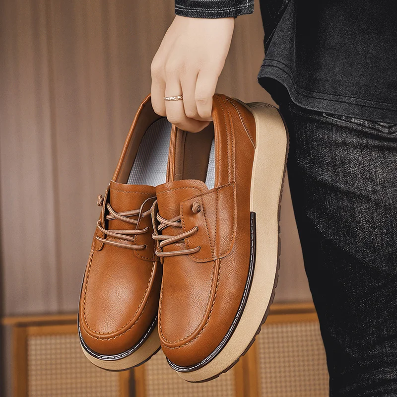 

British Style Leather Mens Casual Shoes Fashion Comfortable Man Loafers Platform Business Shoes Slip-on Walking Driving Footwear