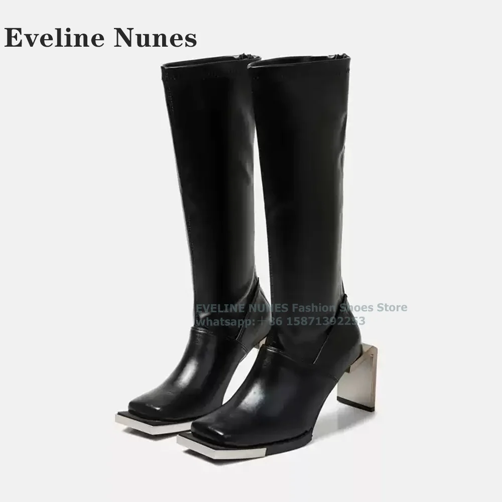 

Metal Blade Heel Fashion Mid-Calf Boots Square Toe Height Increasing Back Zipper Patchwork Women Modern Boot 2024 Autumn Trend