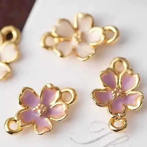 

2PCS 12x7.7mm Double-Hanging Copper Plated Real Gold Fresh Light Oil-Dripping Cherry Blossom DIY Handmade Jewelry Accessories