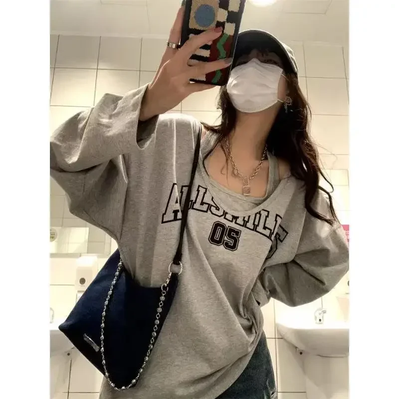 

Y2K Oversized Women T-Shirts Spring Long Sleeve Halter Letter Print Sweatshirt Ladies Casual Loose Harajuku Tops Two Pieces Set