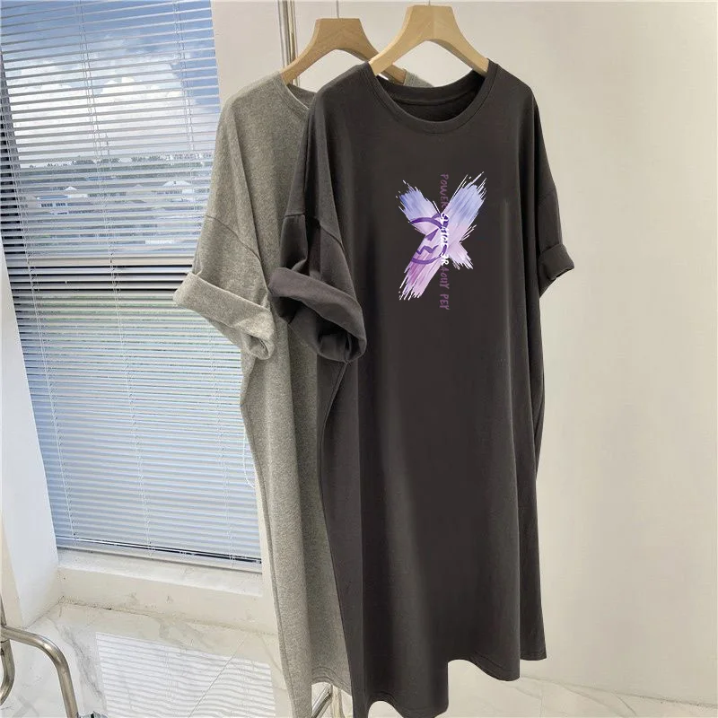 Summer Women Clothing Loose Casual O-neck Dress, Vintage Short Sleeve Pullovers Dresses, Cartoon Printed Overknee Tunic