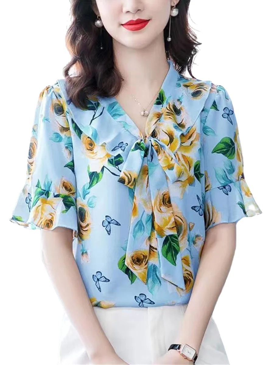 

4XL Women Spring Summer Blouses Shirts Lady Fashion Casual Short Sleeve Bow Tie Collar Flower Printing Blusas Tops G2119