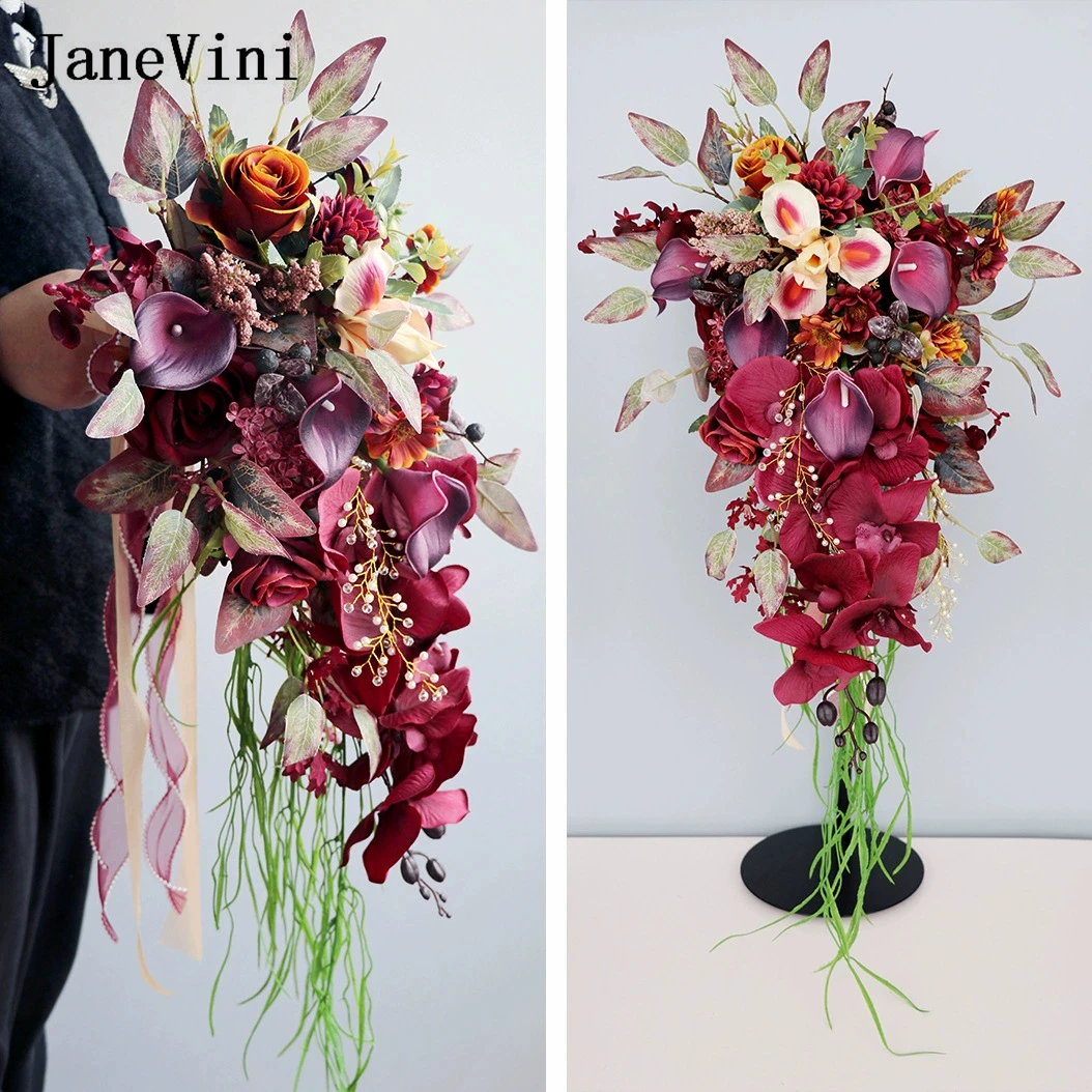 

Винтажные свадебные цветы JaneVini, бордовые свадебные букеты, искусственные каллы, каскадный букет, аксессуары для невесты