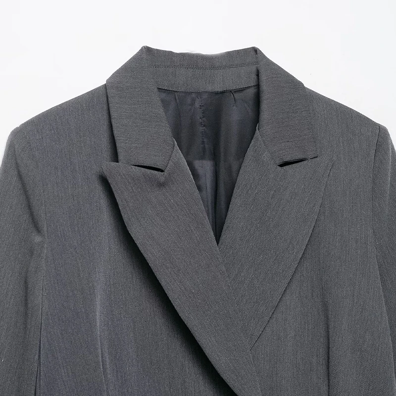 سترة Willshela للسيدات مع جيوب باللون الرمادي مزدوجة الصدر وأكمام طويلة ورقبة مدببة ملابس نسائية للمكتب #3