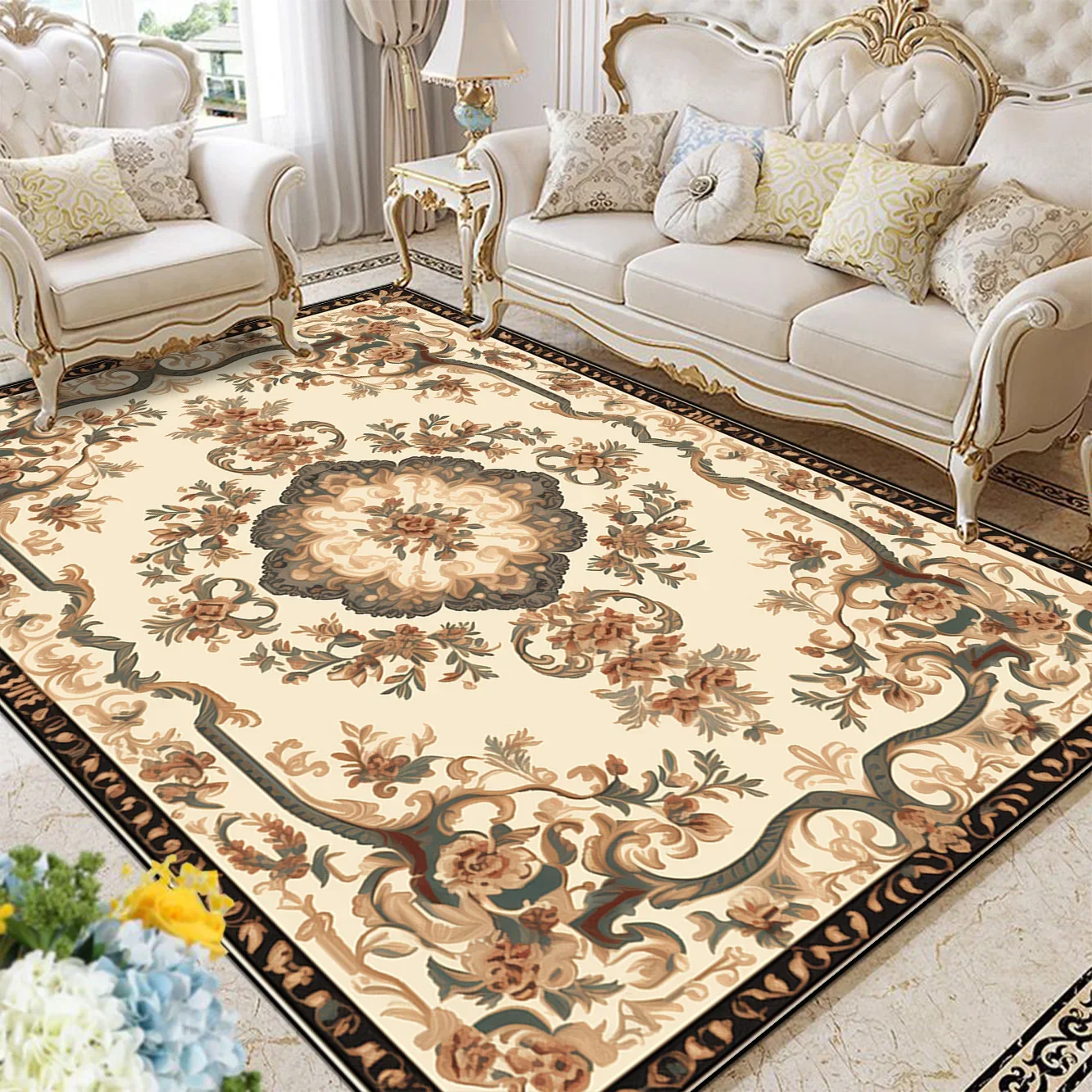 European Style Flower Carpet Living Room Retro Decoration Carpets Home Sofa Side Foot Mat Bedroom Bedside Cloakroom Large Rugs