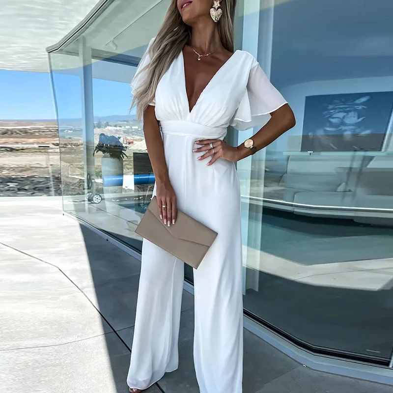 Forens Dame Elegante Rechte Jumpsuit Nieuwe Lente Solid V-Hals Vrouwen Playsuit Romper Zomer Korte Mouw Wijde Pijpen Broek Overalls