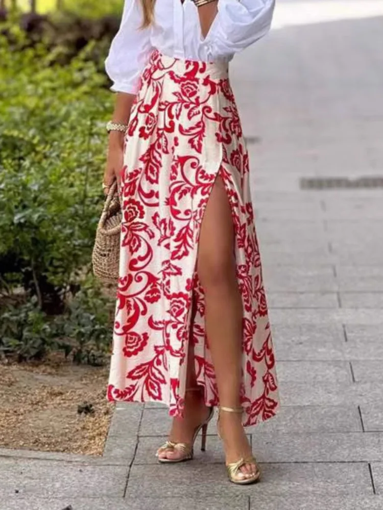 

Повседневная праздничная юбка с принтом для женщин, модные свободные длинные юбки с высокой талией, женская элегантная пляжная женская одежда в стиле бохо, весна-лето