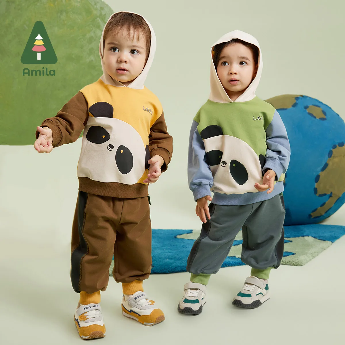 Amila Baby Clothing  2023 Autumn Panda Pattern Cotton Rib Shrink Cuffs New Fashion Printing Two Pieces Suit For Boy Girls Outifs