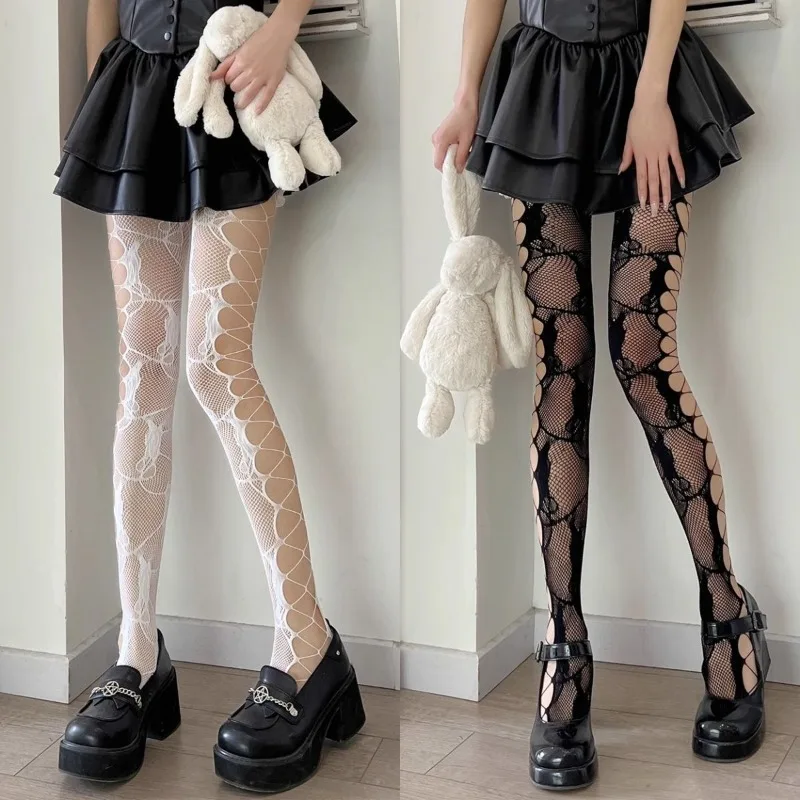 Süße florale weiße Strumpfhosen Gothic Lolita Spicy Girls Netzstrumpfhose High Street Hollow Out Strumpfhosen Japanischer Stil JK Mesh Socken