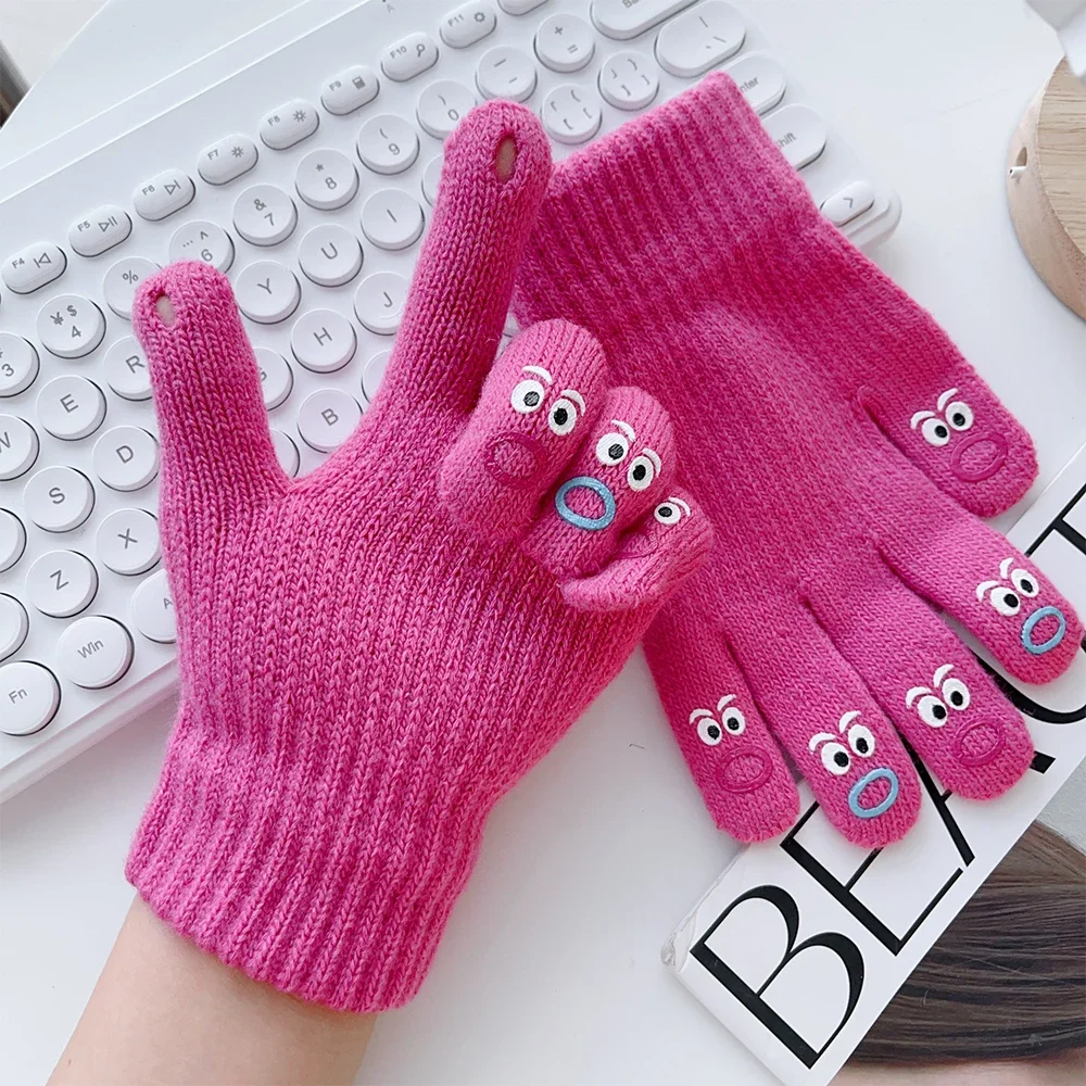 Funny Facial Expression Five Finger Knitted Gloves Knitted Touchable Cute Solid Color Windproof Warm Winter Soft Cartoon Glove