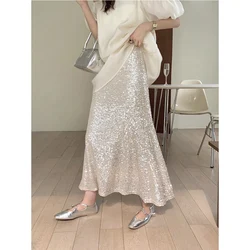 Women's Glossy Skirt Elastic HIgh Waist Sequins Ankle Length Mermaid Half Dress Lady Casual Commute All-Matched  Skirts Femme