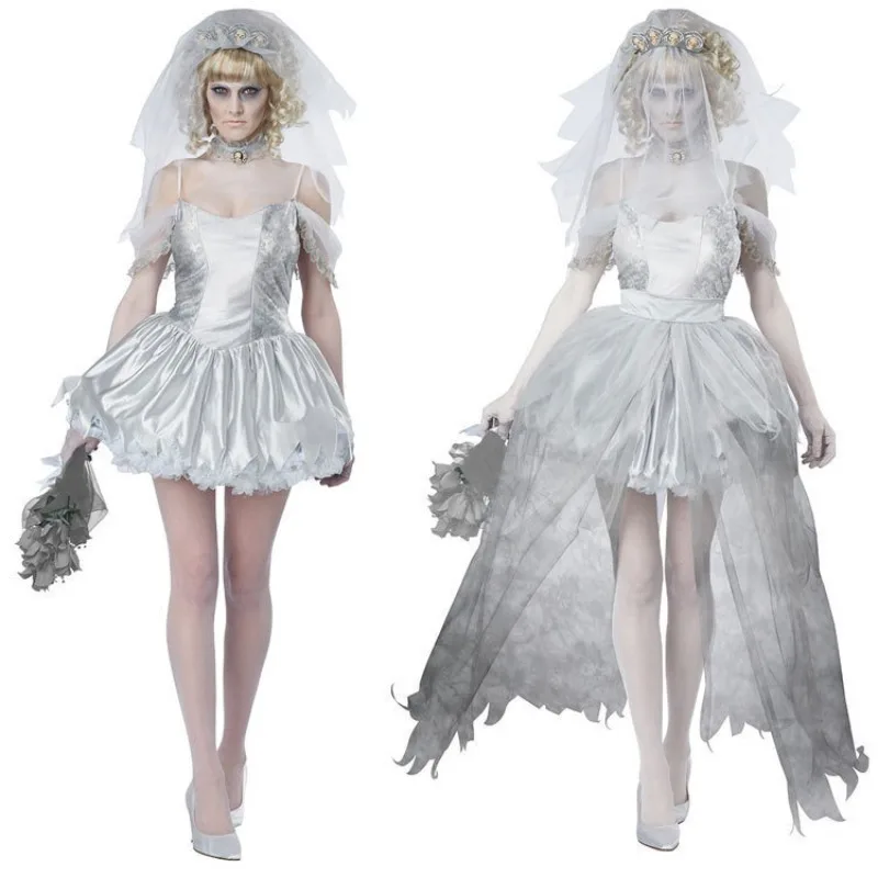 Geisterbraut-Cosplay-Kostüm, weißes Hochzeitskleid mit Schleier, Vampir-Kostüm, Rollenspiel-Outfit für Damen, Halloween-Party.