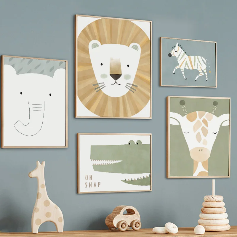 الأسد الفيل الزرافة التمساح فرس النهر الحضانة جدار الفن جدارية قماش اللوحة المشارك طباعة جدار صور غرفة الأطفال الطفل دي #1
