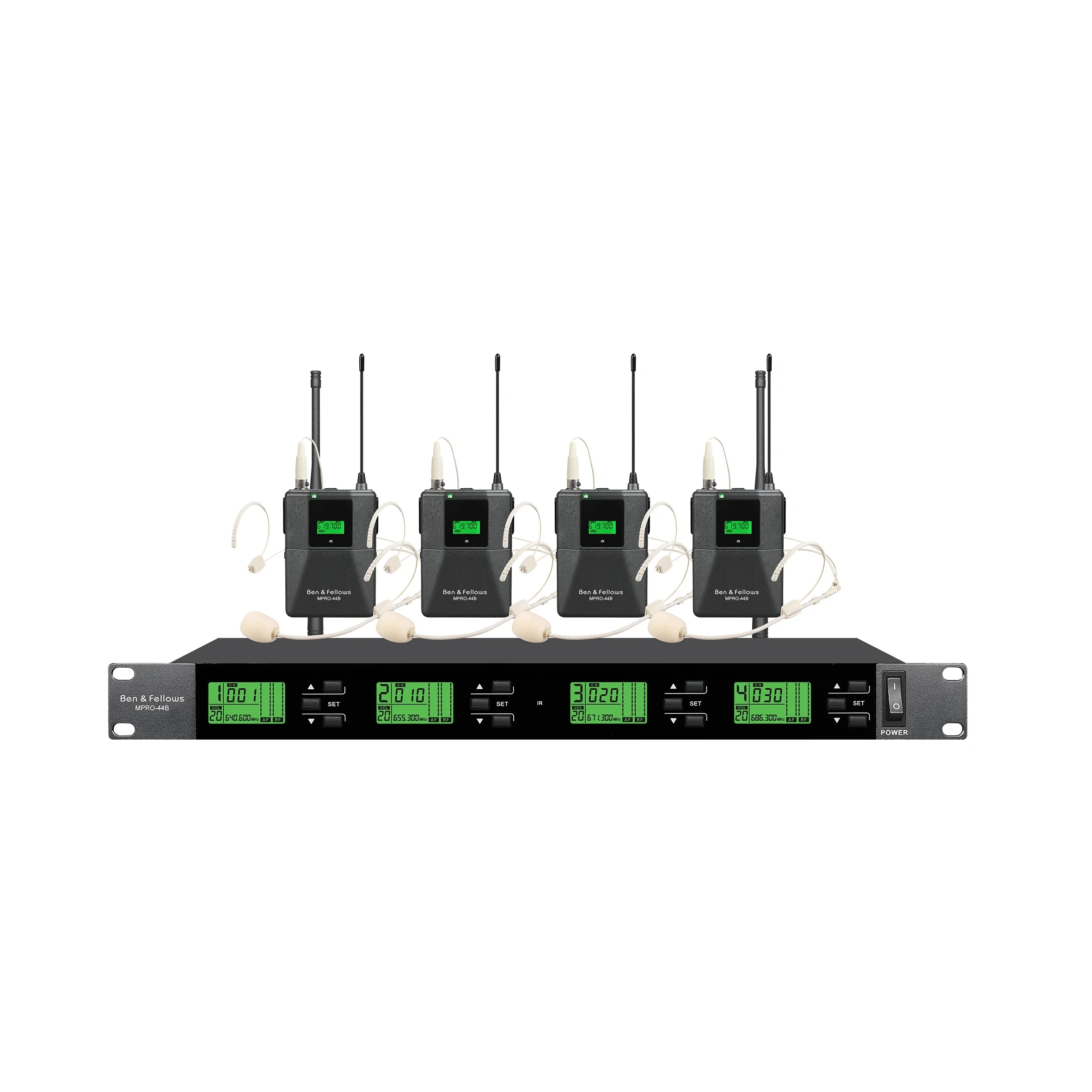 Professional UHF PLL 4-Channel Audio Stage Show Cordless Wireless Microphones Belt-pack Transmitter+Mini Headset Mic