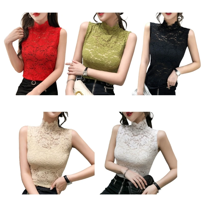 

Women Half Turtleneck Slimming Long Sleeve T-shirt Lace Bottoming Shirt Top