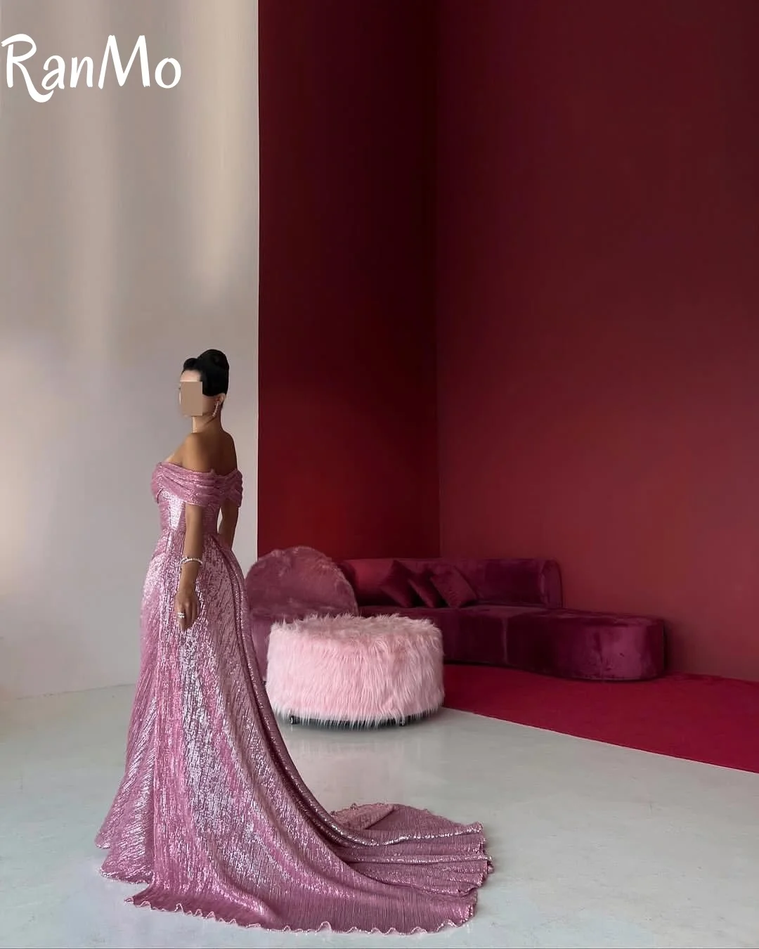 Ranmo 2025 sereia brilhante árabe vestidos de baile fora do ombro sem mangas trem varredura vestido de festa à noite longo formal ocasião vestido