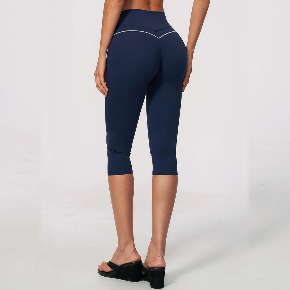 Women Capri Yoga Leggings V Back Contrast Piping Butt Lifting High Waist Gym Pants Tummy Control Workout 3/4 Tight Running Short
