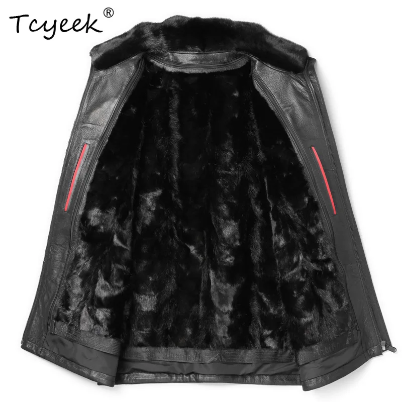 Tcyeek Real Mink Fur Coat Man Winter Coats Fashion Goatskin Real Leather Jacket Men Clothing Patchwork Mink Liner Detachable
