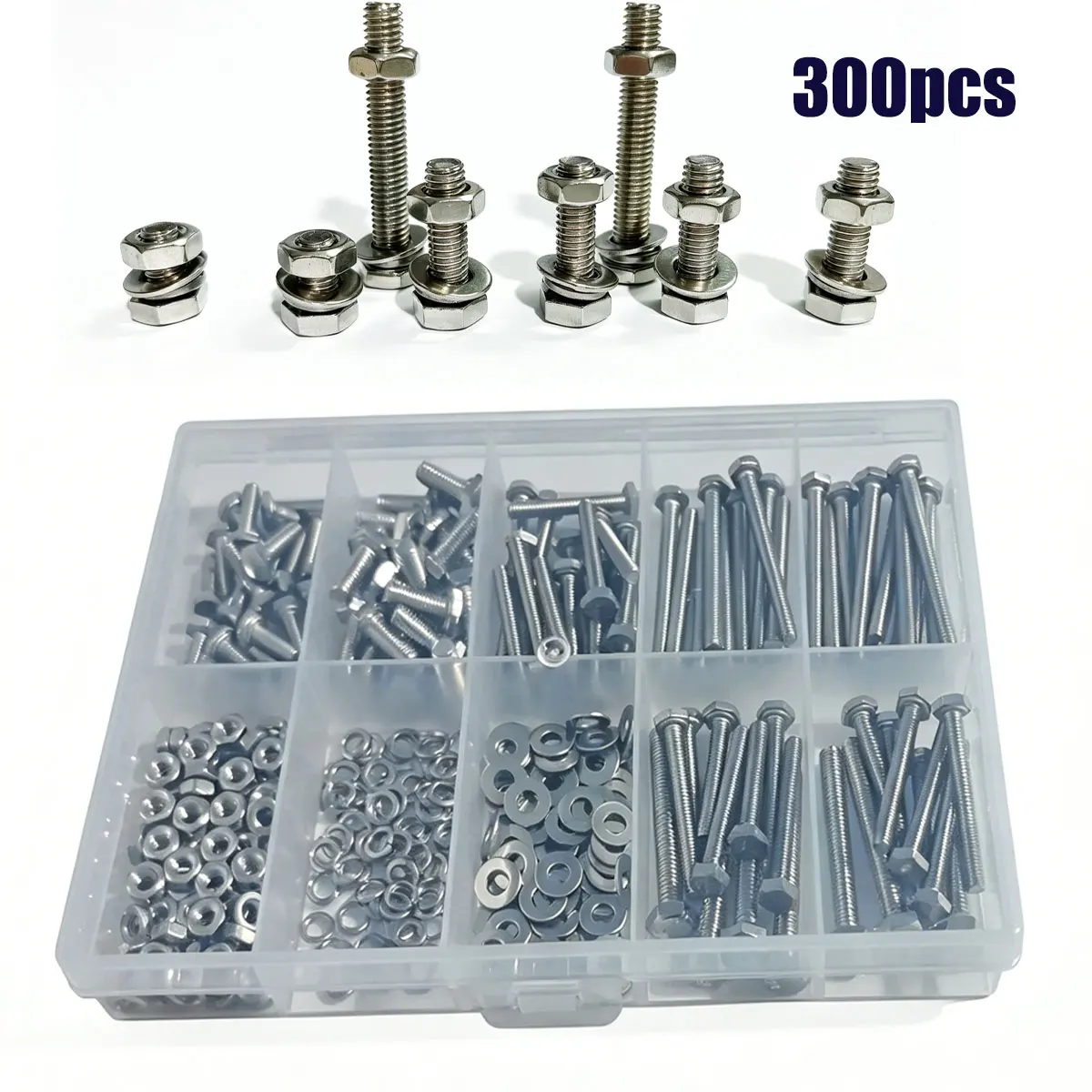 300-Piece Hex Head Bolt Combination Kit, with Nuts, Washers, and Spring Washers - Din933 Grade 8.8, M3 Full Thread, A2/A4 Marine Grade, Metric Coarse Thread, for Mechanical DIY