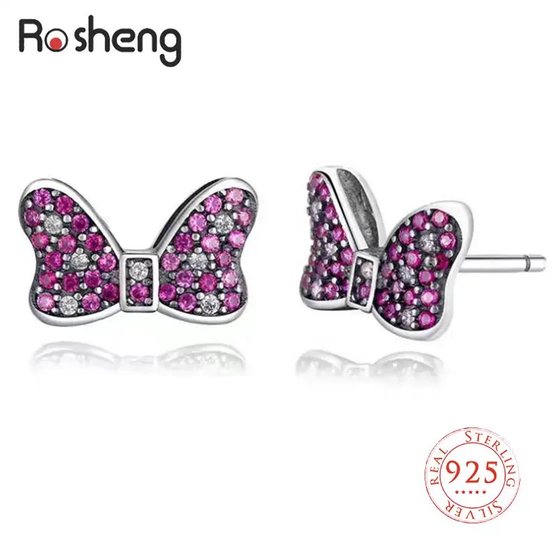 100% 925 Sterling Silver Cute Mouse Bowknot Stud Earrings for Woman Party Birthday Gift Fine Jewelry