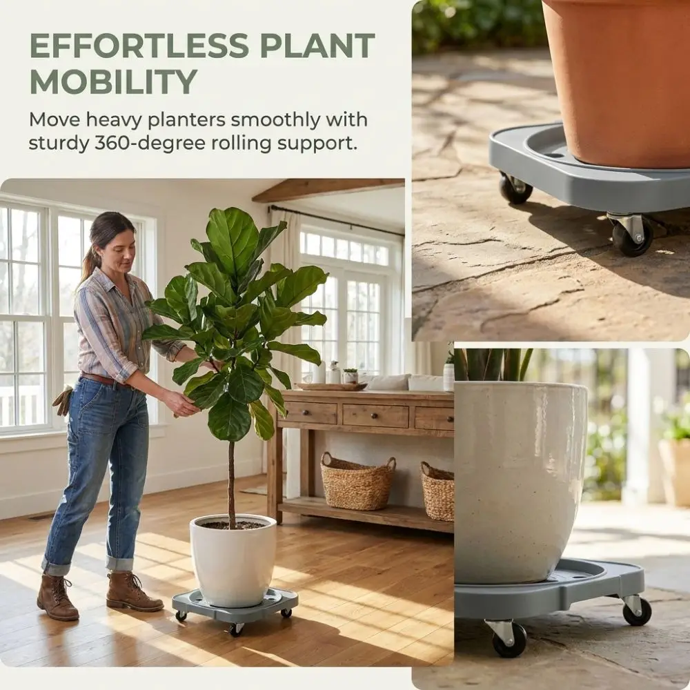 2PCS Durable Grey Plant Roller Base PP Movable Movable Tray Heavy Duty Sturdy Rolling Plant Caddy