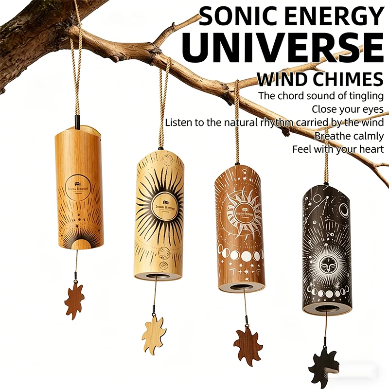 Bamboo Wind Chimes Sun Moon Print, Handmade Relaxing Sound Bell for Home Garden Patio Decor, Celestial Hanging Ornament